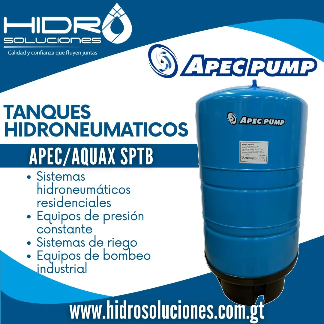 An advertisement for HIDRO Soluciones’ APEC Pump hydraulic tanks: a large blue vertical tank with APEC Pump logo, plus a bulleted list of Spanish systems (residenciales, presión constante, riego, bombeo industrial) and the website www.hidrosoluciones.com.gt.